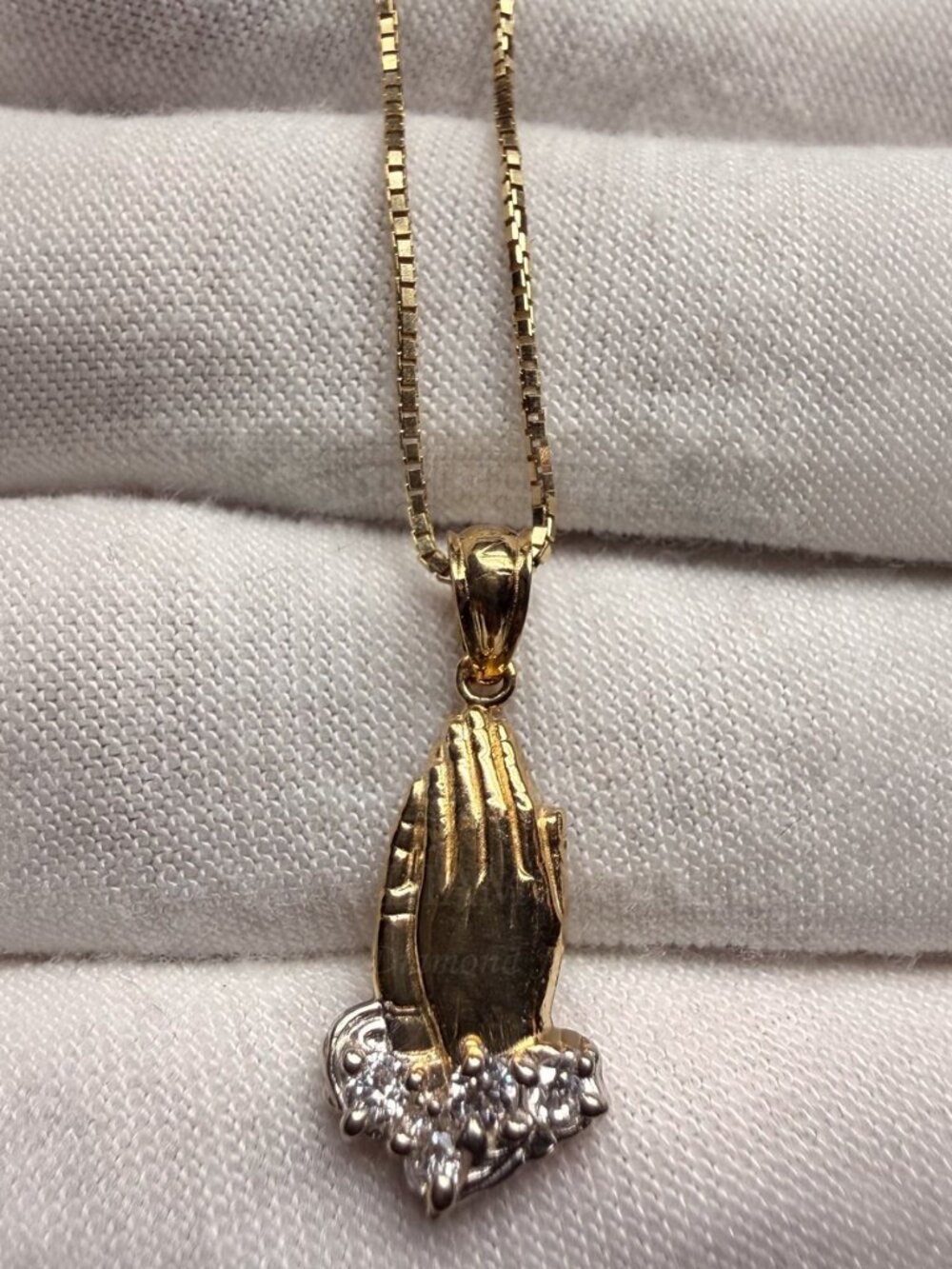 14K Two Tone Gold Cubic Z. Praying Hands Pendant With 0.8mm Box Chain - 20 inch